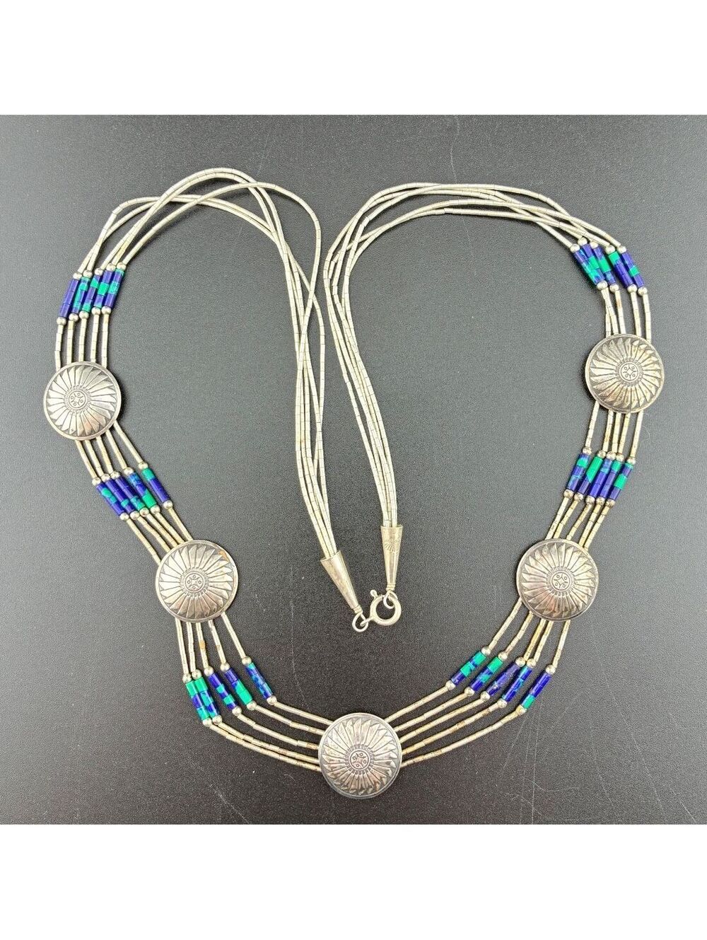 Native American 925 Sterling Silver Azurite Vintage Concho Liquid Chain 22"